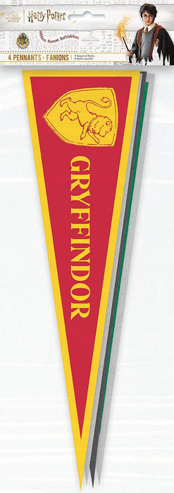 Four Harry Potter house pennants in red, green, gray, and yellow featuring the Gryffindor lion crest and house name in gold lettering.