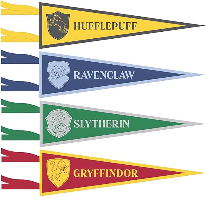 Four Harry Potter house pennant flags in yellow Hufflepuff, blue Ravenclaw, green Slytherin, and red Gryffindor with house crests and names displayed.