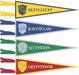 Four Harry Potter house pennant flags in yellow Hufflepuff, blue Ravenclaw, green Slytherin, and red Gryffindor with house crests and names displayed.