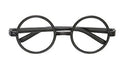 Black round framed eyeglasses with clear lenses displayed against a white background.