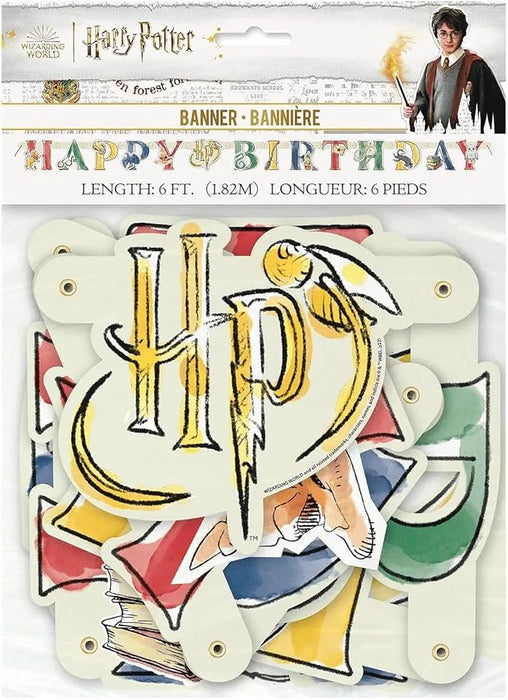 Harry Potter "Happy Birthday" banner featuring the HP logo in gold with colorful house flags, 6 feet long with hanging eyelets.