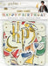 Harry Potter "Happy Birthday" banner featuring the HP logo in gold with colorful house flags, 6 feet long with hanging eyelets.