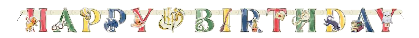 Colorful jointed banner with decorative letters spelling "Happy Birthday" featuring Harry Potter-themed illustrations and characters in each letter.