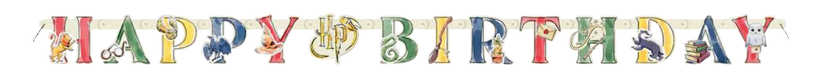 Colorful jointed banner with decorative letters spelling "Happy Birthday" featuring Harry Potter-themed illustrations and characters in each letter.