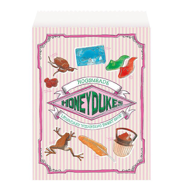 Pink and white striped paper treat bags featuring the Honeydukes logo and illustrated magical items including a wand, potion bottle, and chocolate frogs.