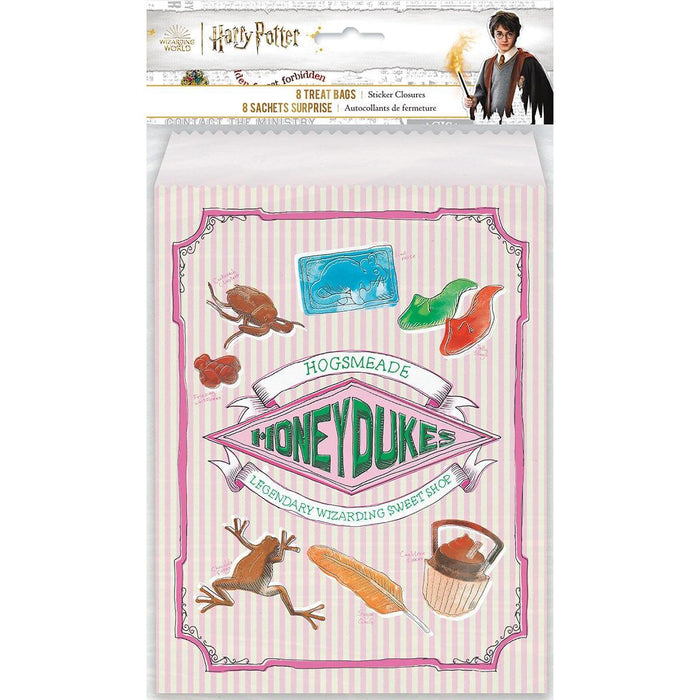 Harry Potter Honeydukes treat bags with pink striped design featuring illustrated candies, potions, and magical sweets with sticker closures, set of eight.