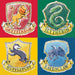 Four Harry Potter house crests on colored backgrounds in red, green, yellow, and blue with Gryffindor, Slytherin, Hufflepuff, and Ravenclaw labels.
