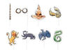 Eight Harry Potter-themed photo booth props on sticks including a wand, round glasses, sorting hat, golden snitch, monkey, badger, eagle, and serpent.