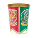 Tall plastic cup with gold interior featuring red and green vertical panels displaying Gryffindor and Slytherin house crests with animal emblems and banners.