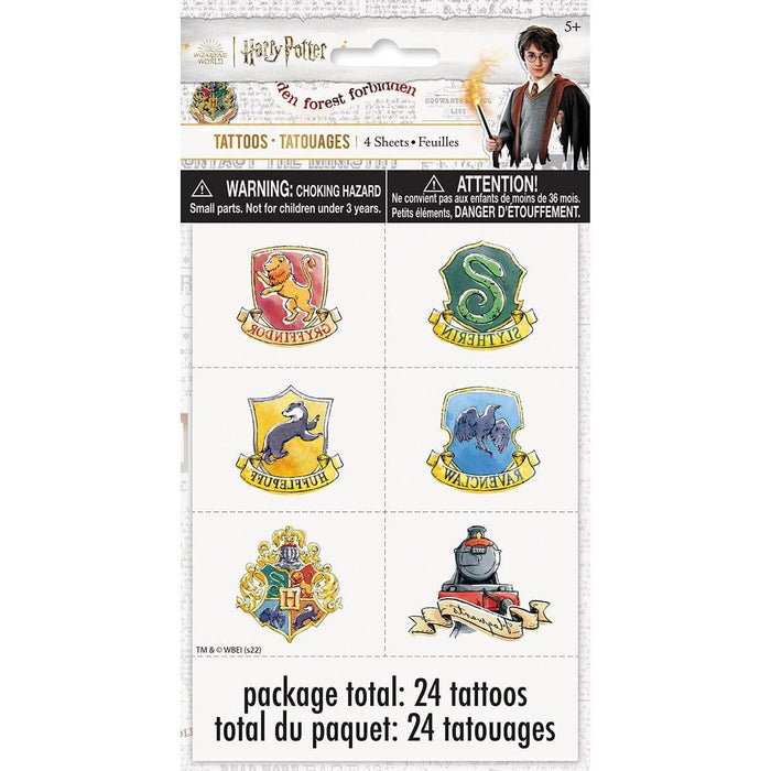 Harry Potter temporary tattoo sheet with 24 designs including four house crests, Hogwarts crest, and Hogwarts Express in full color on white background.