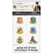 Harry Potter temporary tattoo sheet with 24 designs including four house crests, Hogwarts crest, and Hogwarts Express in full color on white background.