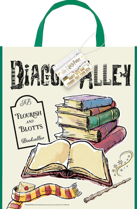 Cream-colored tote bag with green handles featuring "Diagon Alley" text, illustrated stacked colorful books, an open book, a Gryffindor scarf, and wand imagery, with a white price tag attached.