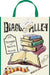 Cream-colored tote bag with green handles featuring "Diagon Alley" text, illustrated stacked colorful books, an open book, a Gryffindor scarf, and wand imagery, with a white price tag attached.
