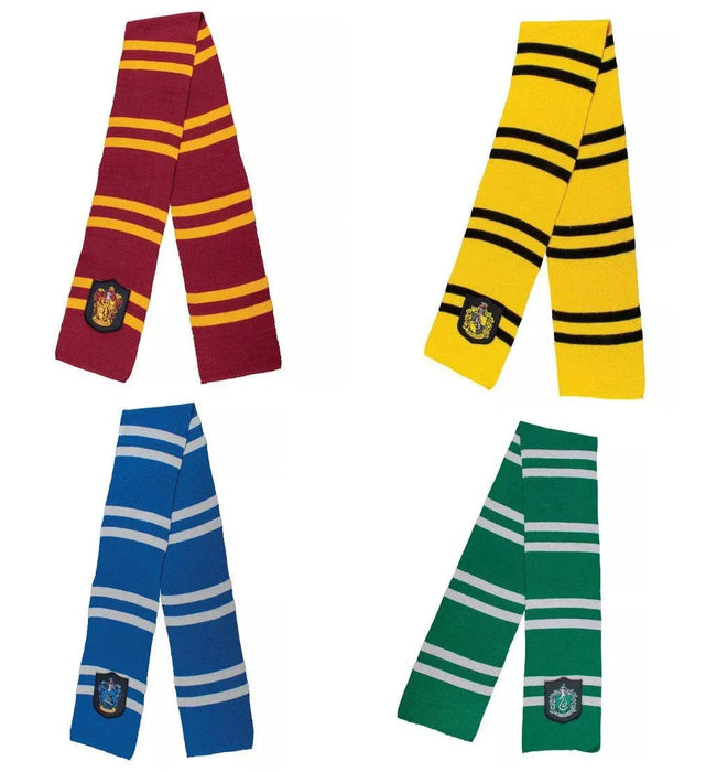 Four knitted scarves in house colors: maroon with gold stripes, yellow with black stripes, blue with gray stripes, and green with gray stripes, each featuring a house crest emblem.