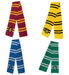 Four knitted scarves in house colors: maroon with gold stripes, yellow with black stripes, blue with gray stripes, and green with gray stripes, each featuring a house crest emblem.