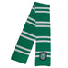 Green knit scarf with white horizontal stripes and a Slytherin house crest patch near the bottom end.