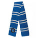 Blue and gray striped knit scarf with a house crest patch featuring a blue eagle emblem on one end.