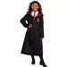 Child wearing a black wizard robe with red and gold Gryffindor crest, burgundy-lined hood, white collared shirt, and striped tie.