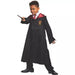 Child wearing a black wizard robe with burgundy-lined hood and gold Gryffindor crest, paired with a plaid shirt and holding a wand.
