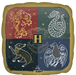 Gold square mylar balloon featuring four Hogwarts house crests and mascots in gold and white on burgundy, dark teal, and navy quadrants with stars.