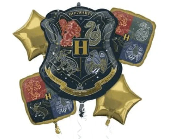 Hogwarts crest mylar balloon bouquet with four house crests and gold star balloons arranged in a cluster.