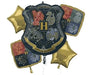 Hogwarts crest mylar balloon bouquet with four house crests and gold star balloons arranged in a cluster.