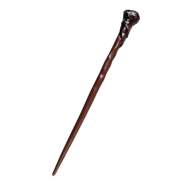 Dark brown wooden wand with an ornate knobbed handle, displayed diagonally against a white background.