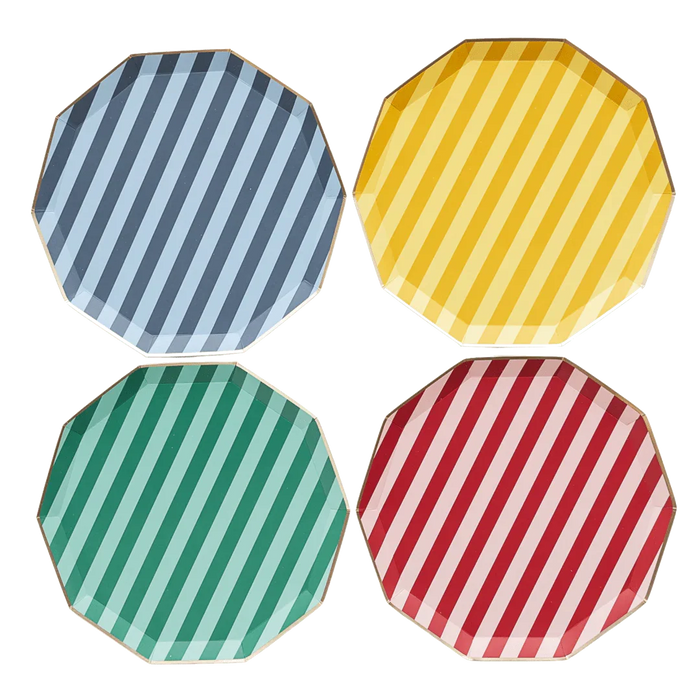 Four striped octagonal plates in blue, yellow, green, and red arranged in a two-by-two grid, each featuring diagonal stripes in varying shades within their respective colors.