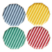 Four striped octagonal plates in blue, yellow, green, and red arranged in a two-by-two grid, each featuring diagonal stripes in varying shades within their respective colors.