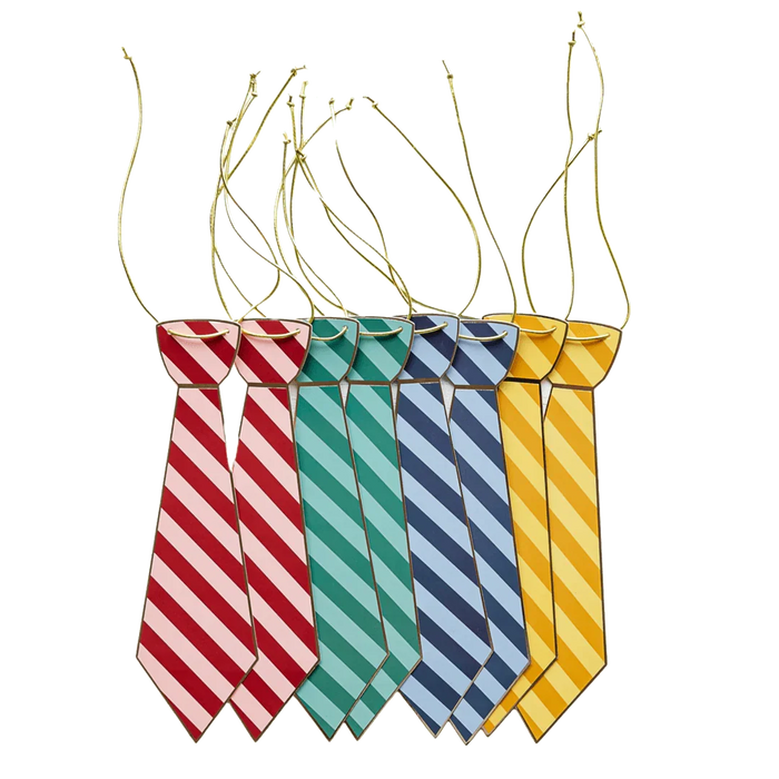 Eight striped neckties in red, teal, navy, and yellow with diagonal patterns hang from twine strings, each featuring a coordinating colored collar piece at the top.