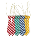 Eight striped neckties in red, teal, navy, and yellow with diagonal patterns hang from twine strings, each featuring a coordinating colored collar piece at the top.