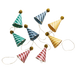 Eight striped cone party hats in green, blue, yellow, and red with gold pom-poms and elastic chin straps arranged on a white background.