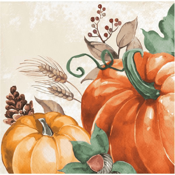 Autumn-themed napkin design featuring orange and red pumpkins with green vines, wheat stalks, berries, and tan leaves on a cream background.