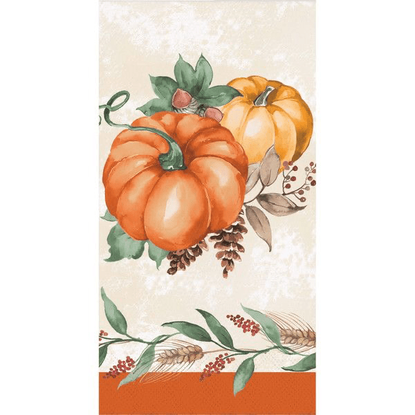 Decorative guest napkin featuring watercolor pumpkins in orange and gold with autumn leaves and berries on a cream background with orange border stripe.