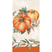Decorative guest napkin featuring watercolor pumpkins in orange and gold with autumn leaves and berries on a cream background with orange border stripe.