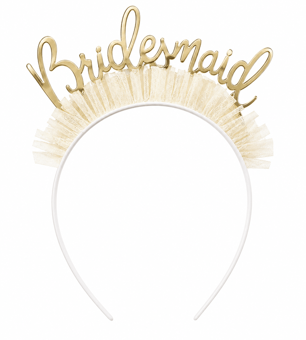 Gold "Bridesmaid" script tiara headband with cream tulle ruffle and white plastic band, designed for bachelorette or bridal party wear.