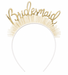 Gold "Bridesmaid" script tiara headband with cream tulle ruffle and white plastic band, designed for bachelorette or bridal party wear.