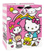 Pink polka dot gift bag featuring Hello Kitty and friends including My Melody, Keroppi, and Badtz-Maru with rainbow, clouds, hearts, and colorful characters in white and bright colors.