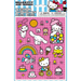 Pink sticker sheet featuring Hello Kitty and friends characters including Cinnamoroll, Badtz-Maru, and other Sanrio characters, with rainbows, cupcakes, and colorful designs on a polka-dot background.