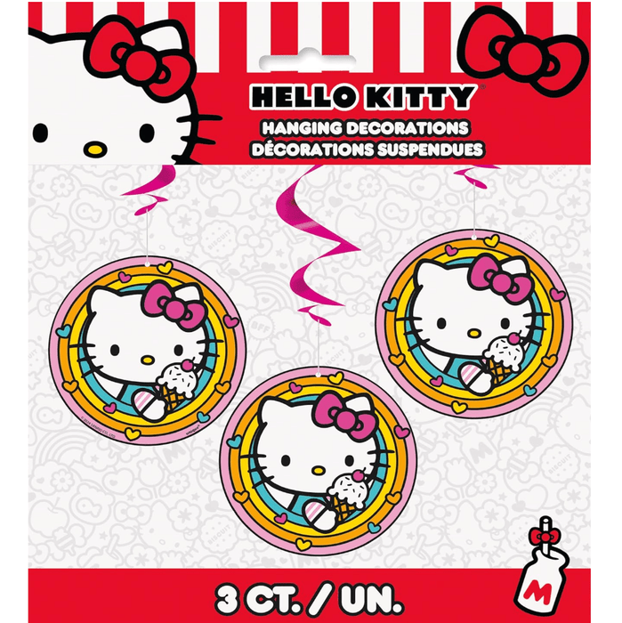Hello Kitty hanging decorations featuring three circular cardboard cutouts with Hello Kitty holding an ice cream cone, surrounded by colorful rainbow borders and magenta swirl ribbons.