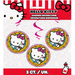 Hello Kitty hanging decorations featuring three circular cardboard cutouts with Hello Kitty holding an ice cream cone, surrounded by colorful rainbow borders and magenta swirl ribbons.