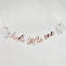 Rose gold script banner reading "hello little one" with small white onesie and dress decorations hanging from strings against a white brick wall.
