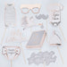 Ten rose gold and white baby shower photo booth props on sticks arranged on a light background, including onesies, glasses, mustache, book, bonnet, diaper, wings, and text phrases like "Hello Little One" and "Can't Wait to Meet You.
