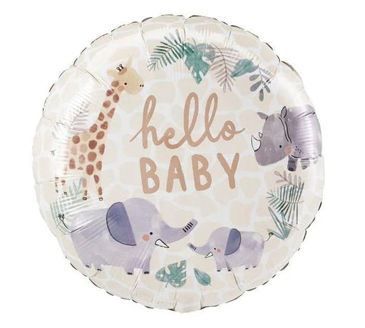Round cream mylar balloon with "hello BABY" in tan text, decorated with illustrated giraffes, elephants, hippos, and tropical foliage in muted green and purple tones.