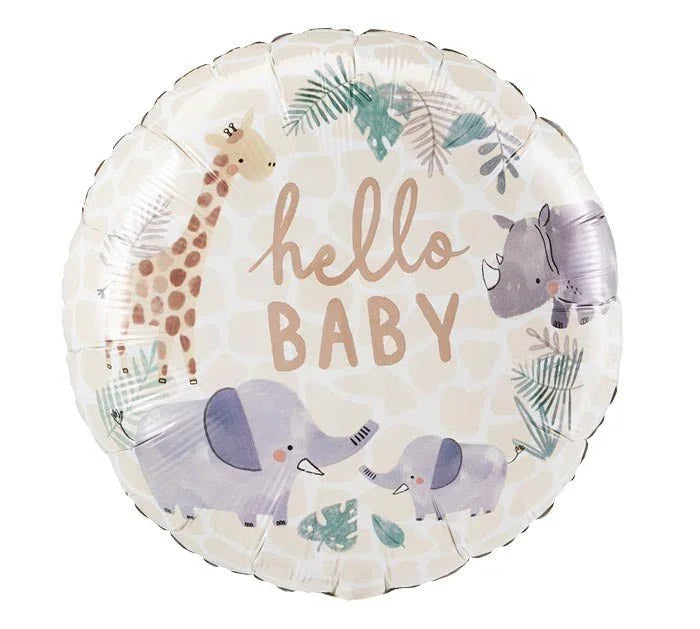 Round cream mylar balloon with "hello BABY" in tan text, decorated with illustrated giraffes, elephants, hippos, and tropical foliage in muted green and purple tones.