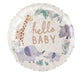 Round cream mylar balloon with "hello BABY" in tan text, decorated with illustrated giraffes, elephants, hippos, and tropical foliage in muted green and purple tones.