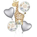 Five foil balloons in soft jungle theme colors featuring a tall giraffe with "hello baby" text, two silver heart shapes, and two circular balloons with safari animals and greenery designs.