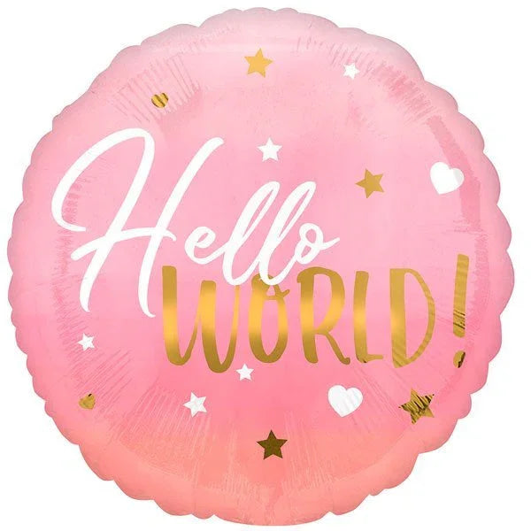Pink round mylar balloon with "Hello" in white script and "WORLD" in gold text, decorated with white hearts and gold and white stars.