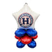 White star-shaped foil balloon with Herriman High School Mustangs logo in navy and red, topped with four blue and red round balloons arranged below.