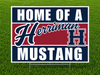 Home of a Herriman Mustang yard sign featuring bold navy, maroon, and white school colors, large white "HOME OF A" and "MUSTANG" text, a script-style "Herriman" across the center, and the Herriman High School "H" logo on a corrugated plastic yard sign with an H-stake for outdoor display.
